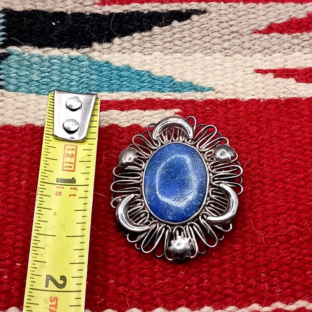 Art Deco 925 Sterling Silver Lapis Lazuli Brooch Pendant Brooch w/Moon & Stars - Picture 4 of 9